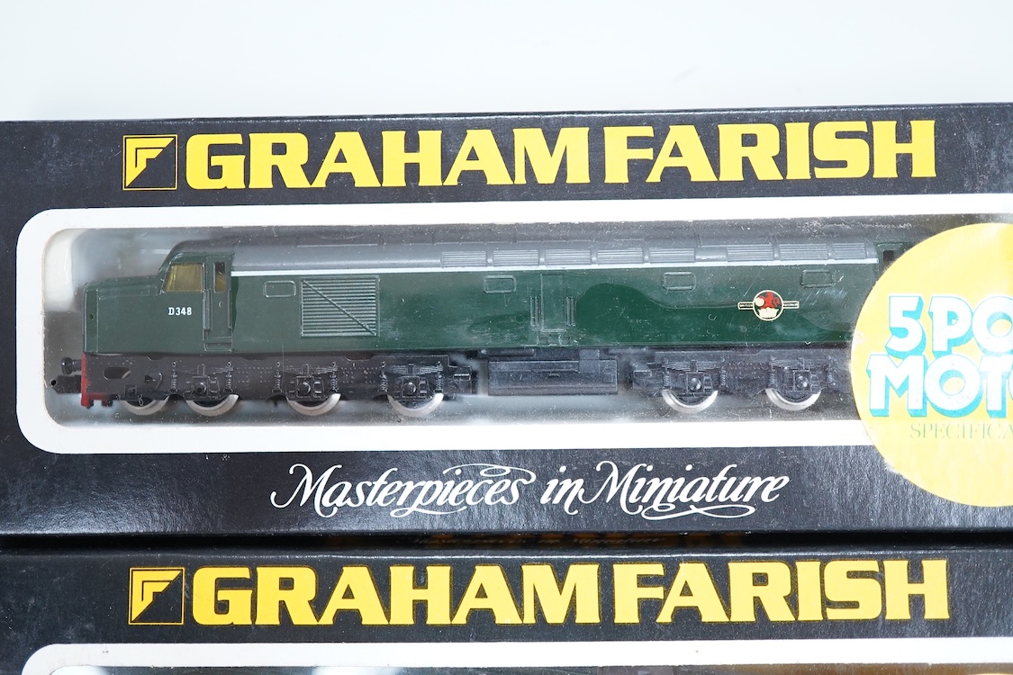 Four boxed Graham Farish N gauge railway diesel locomotives; a BR class 52, Western Emperor D1036 (8424), a BR class 47, D1662 (8004), a BR Rail Freight 47231, (8008) and a BR class 40, D348 (8115).